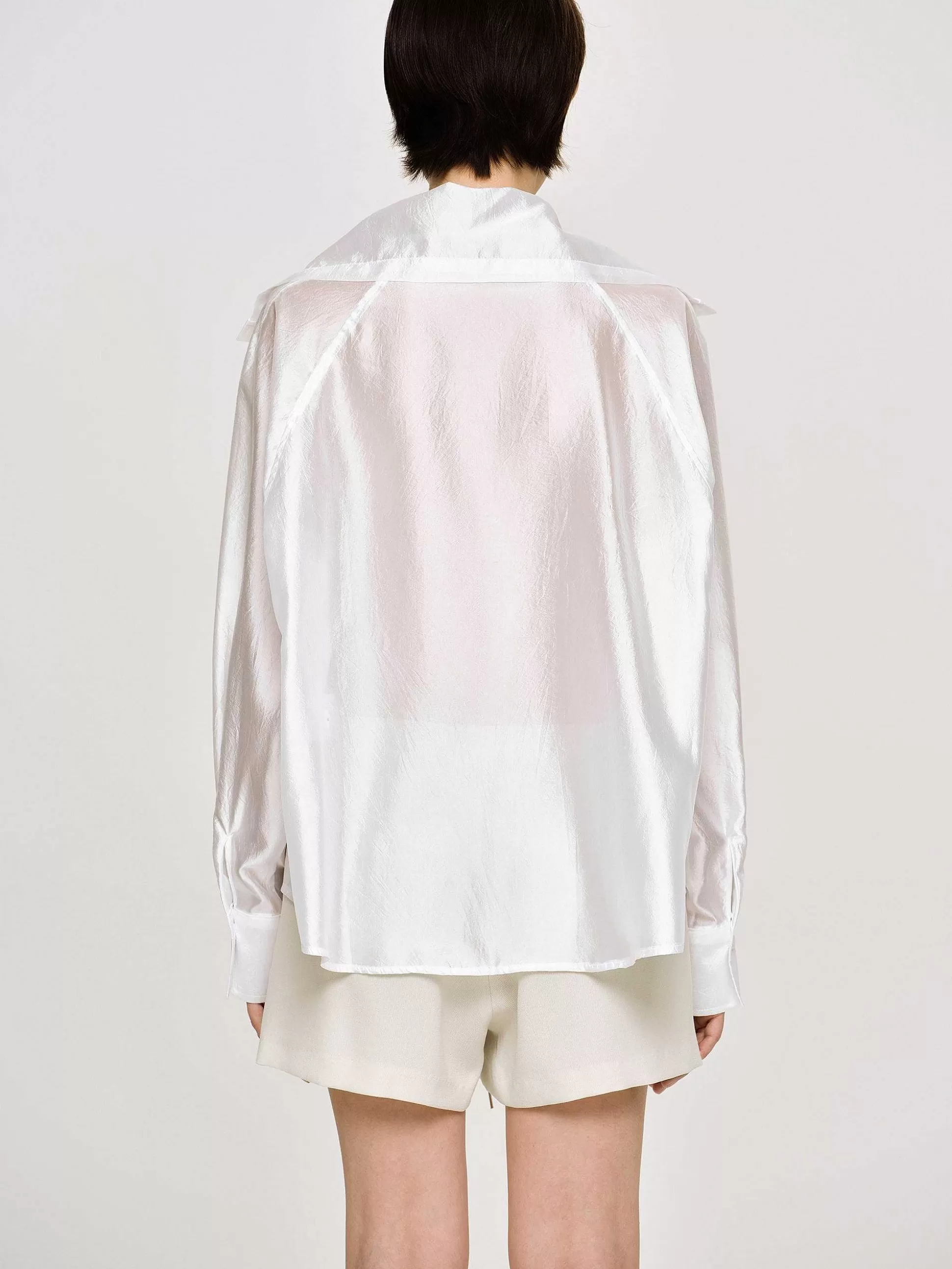 Women Source Unknown Tops-Sailor Collar Sheer Shirt, White