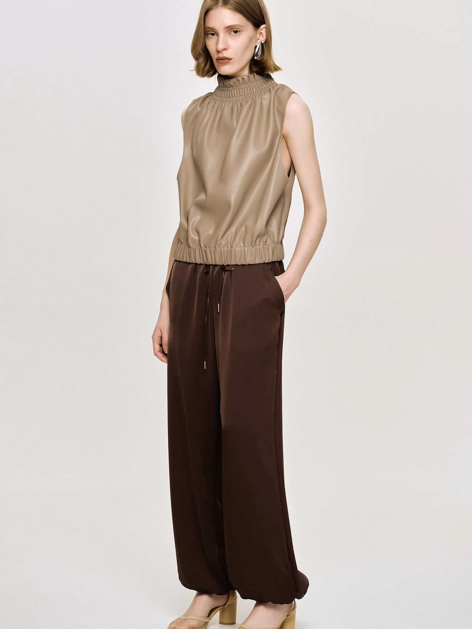 Women Source Unknown Clothing-Satin Jogger Pants, Merlot Red