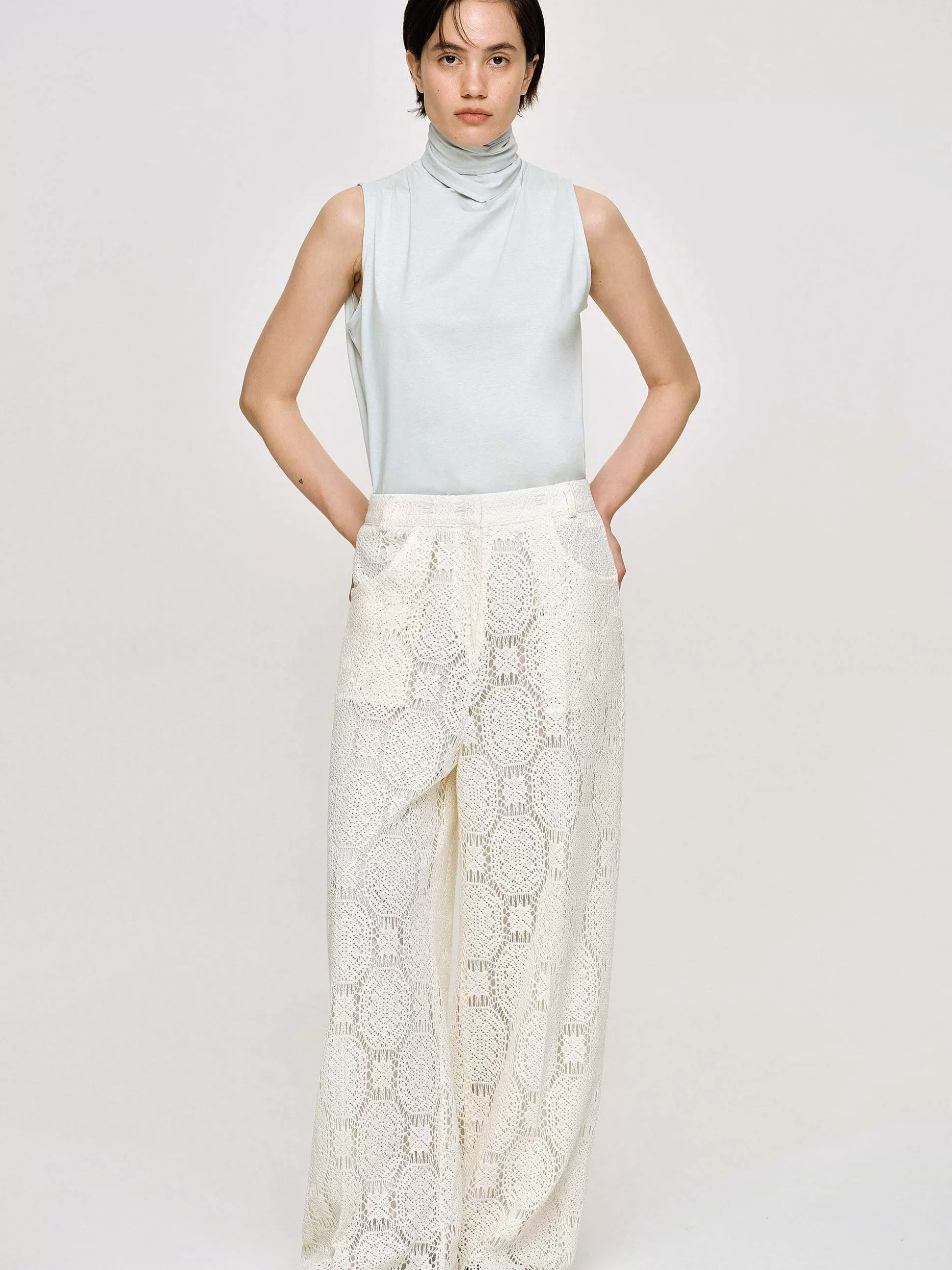 Women Source Unknown Bottoms-Sevilla Crochet Wide Trousers, Ecru