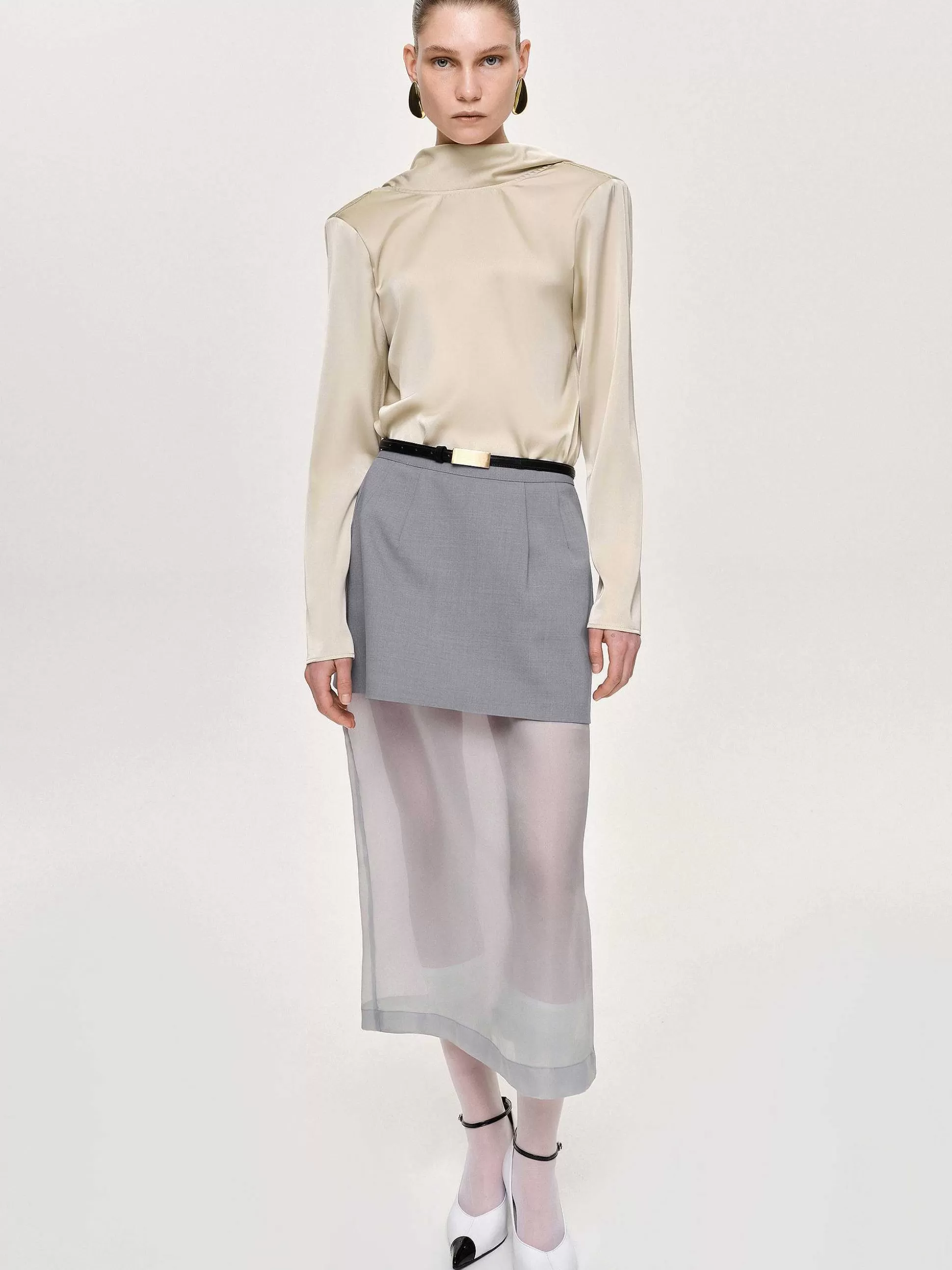 Women Source Unknown Bottoms-Sheer Midi Skirt, Taupe Gray