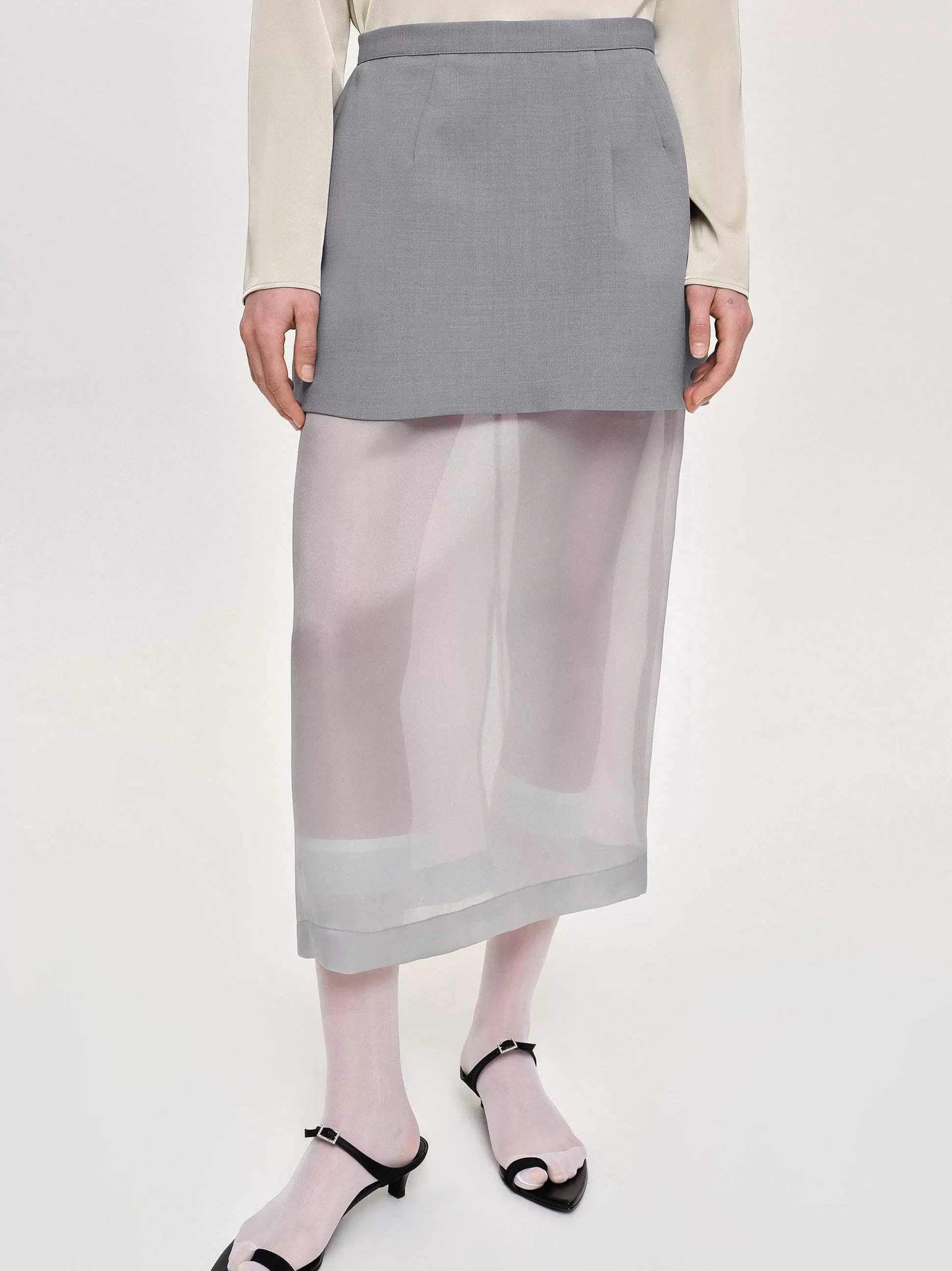 Women Source Unknown Bottoms-Sheer Midi Skirt, Taupe Gray