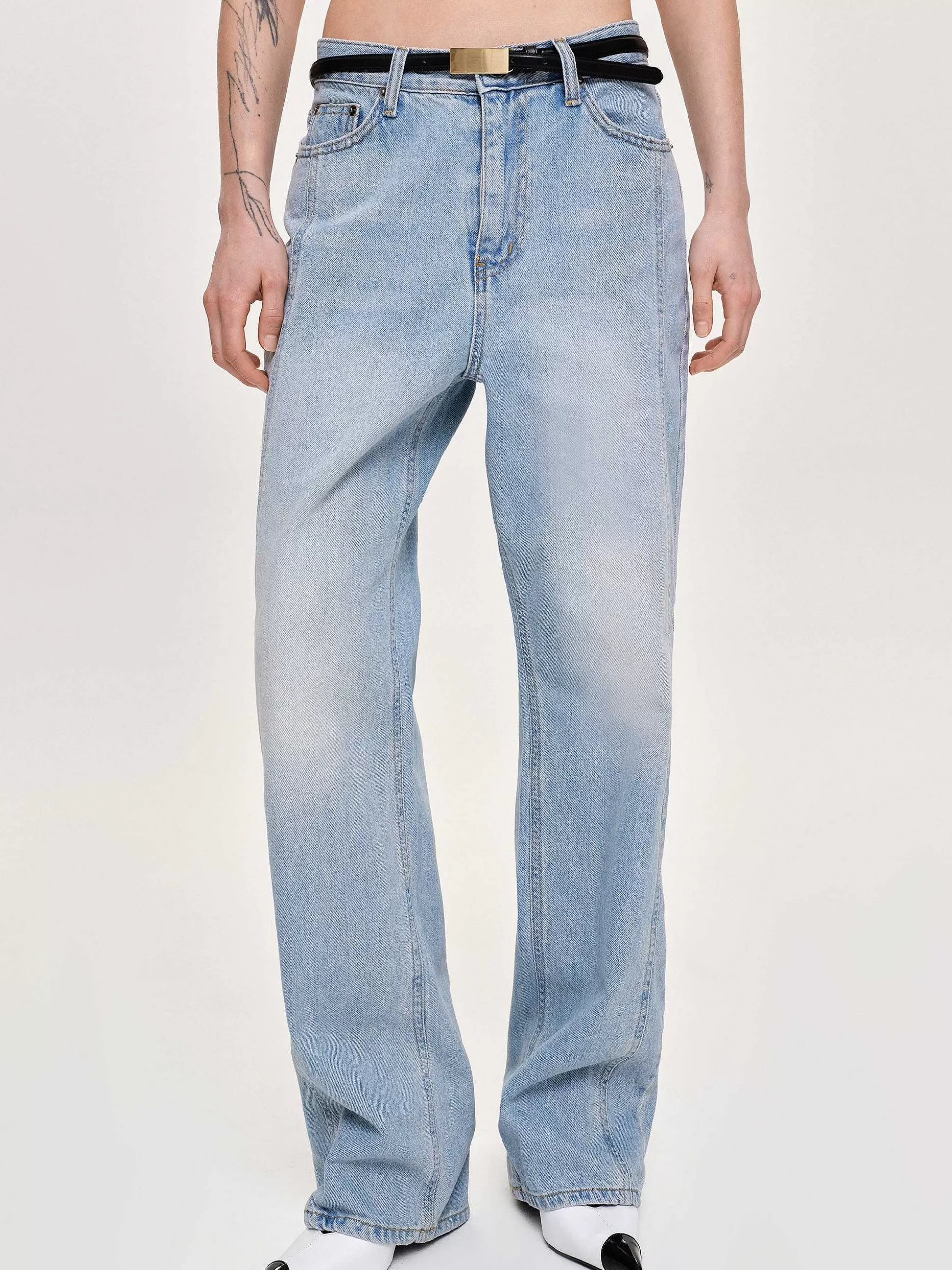 Women Source Unknown Clothing-Side Paneled Straight Jeans, Light Washed Blue