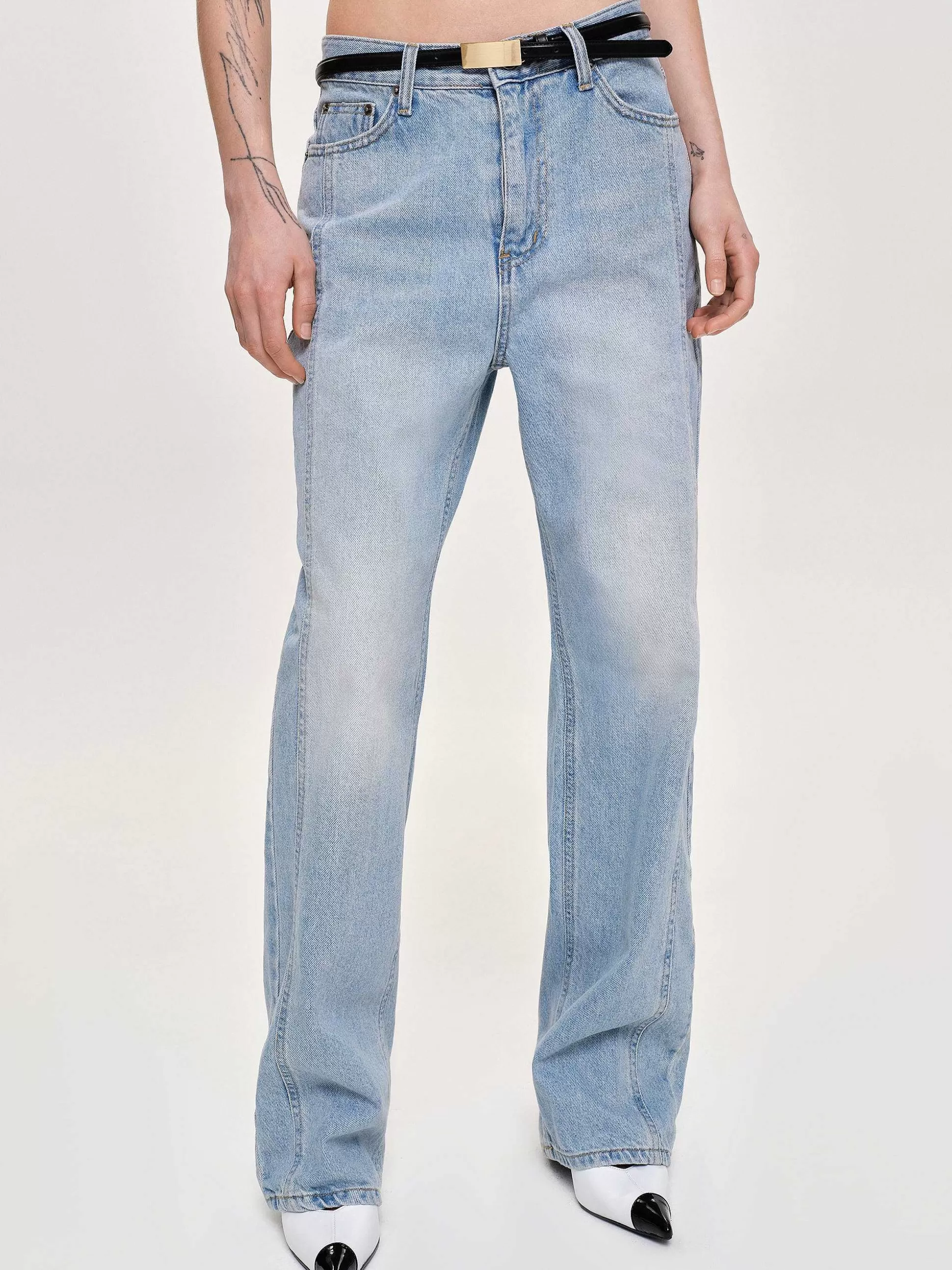 Women Source Unknown Clothing-Side Paneled Straight Jeans, Light Washed Blue