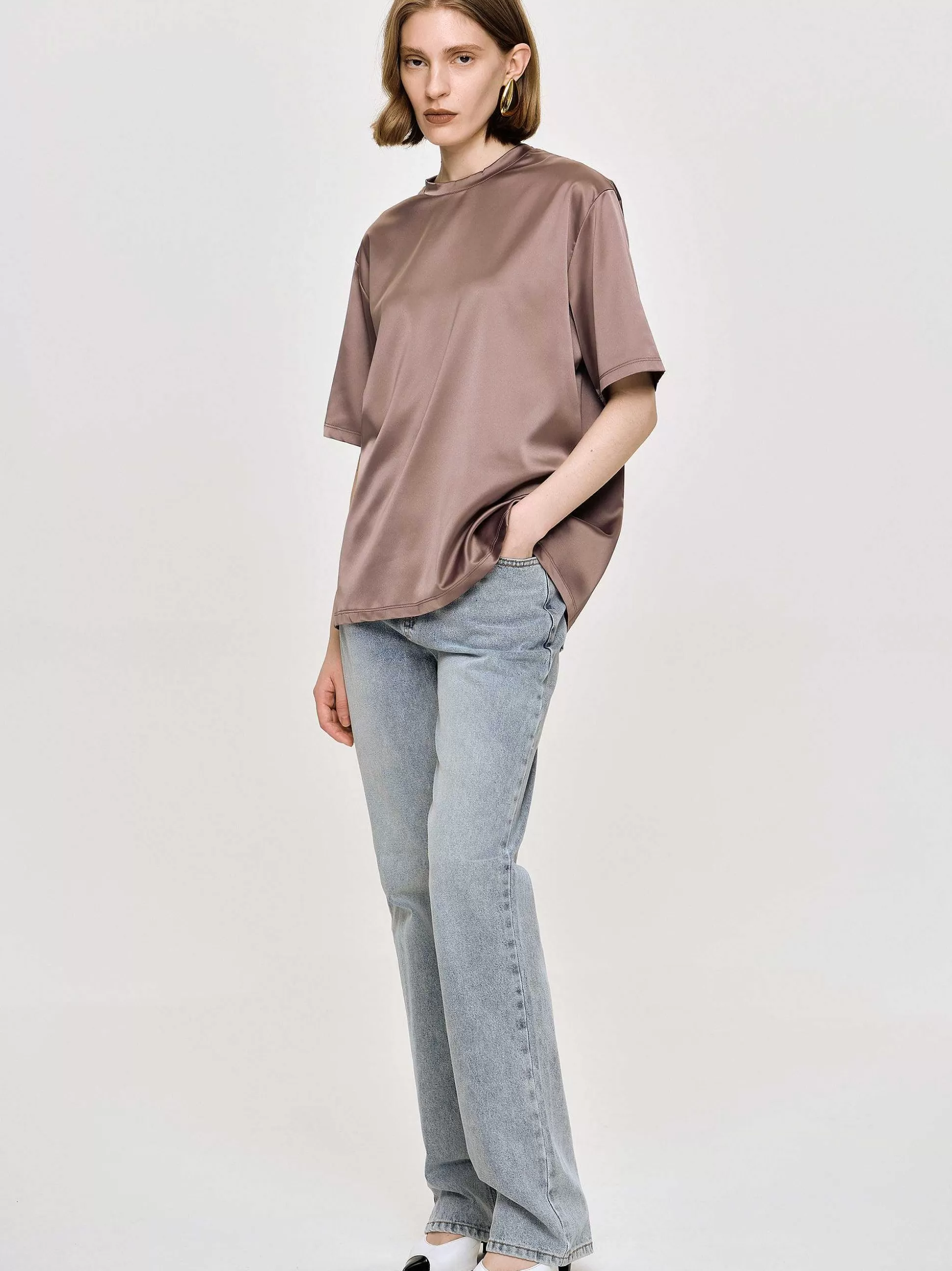Women Source Unknown Accessories-Silky Satin T-Shirt, Red Bean