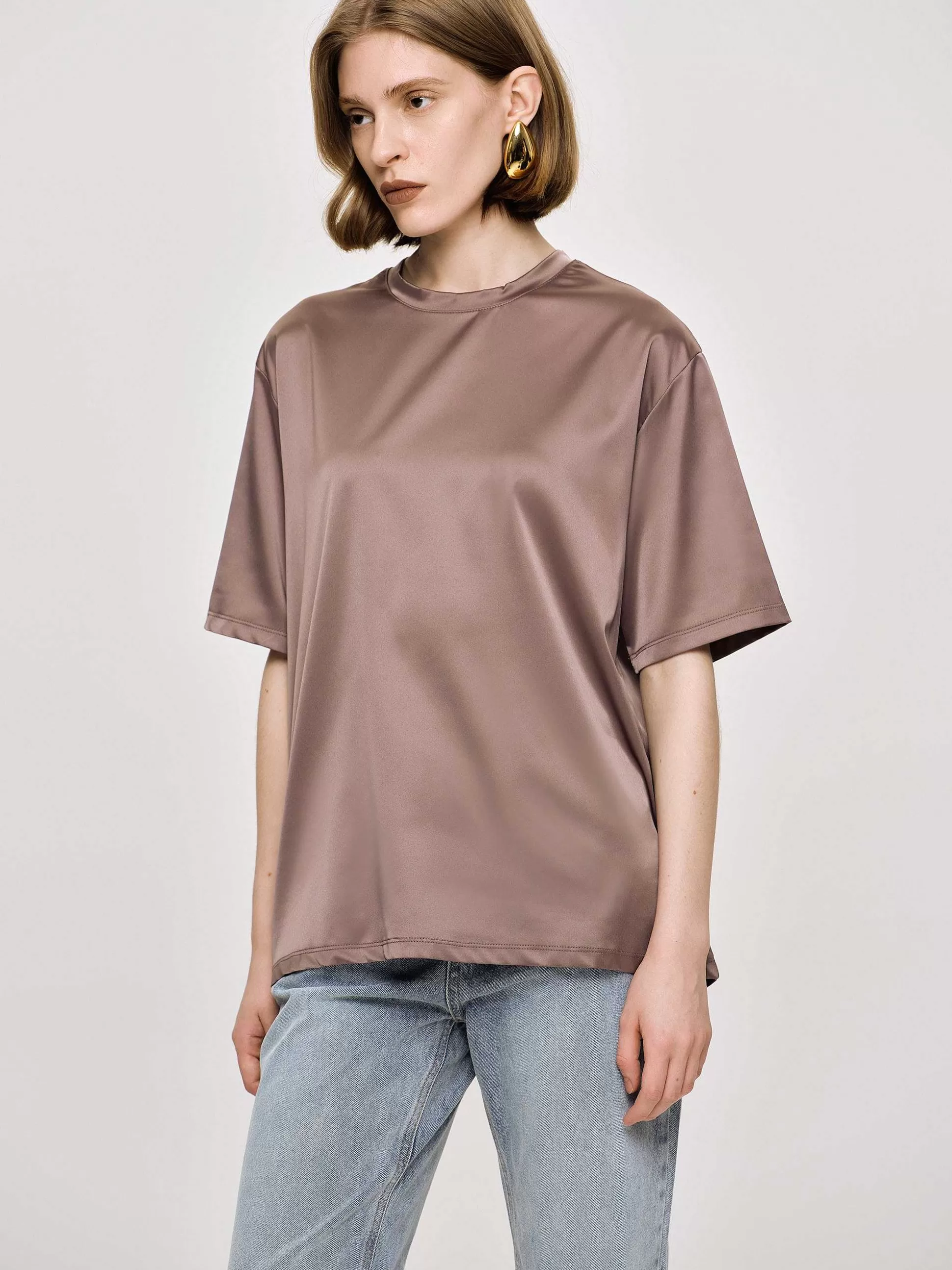 Women Source Unknown Accessories-Silky Satin T-Shirt, Red Bean