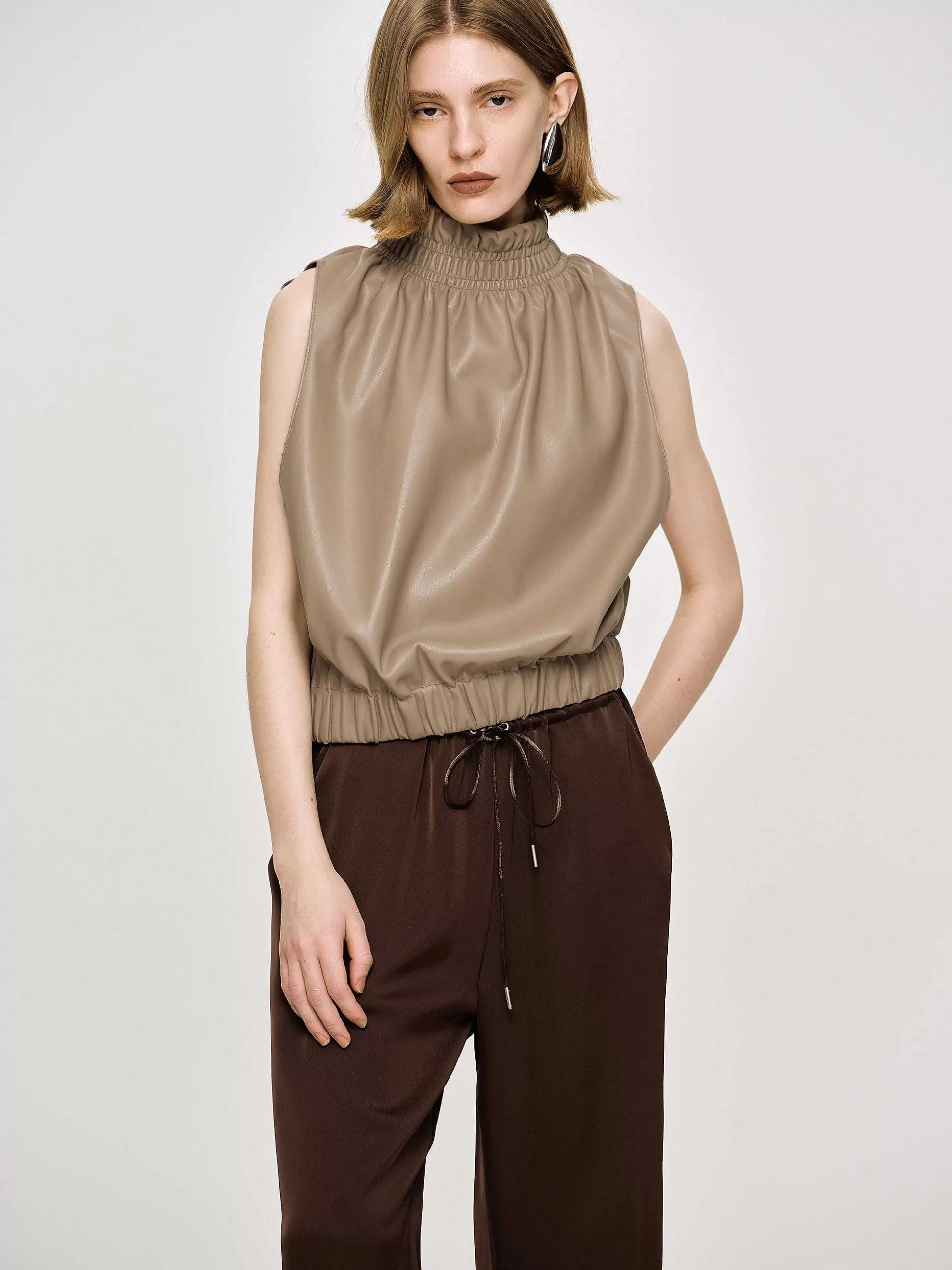 Women Source Unknown Accessories-Sleeveless Leather Top, Beige
