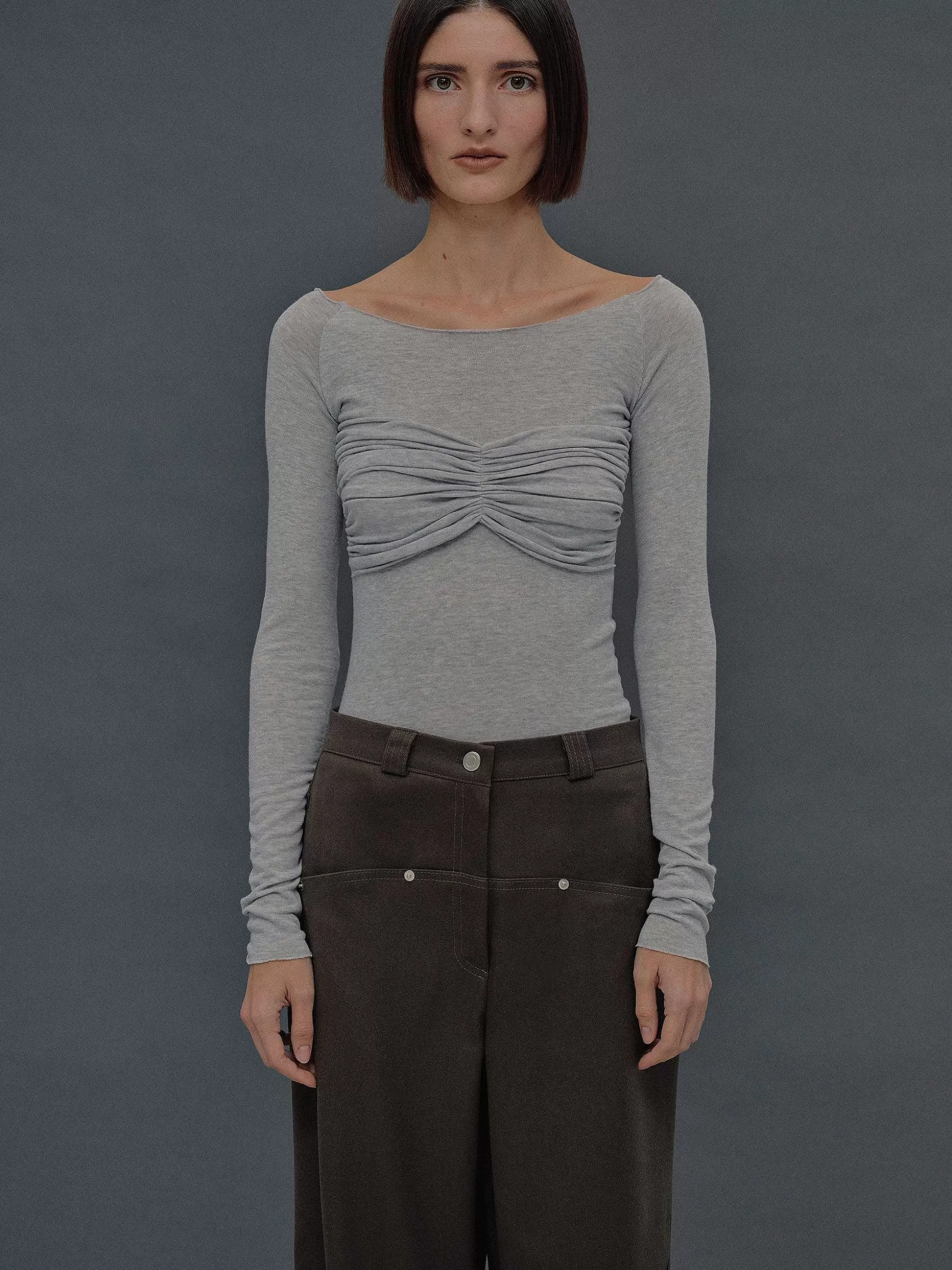 Women Source Unknown Tops-Slim Bustier Jersey Tee, Mist Grey