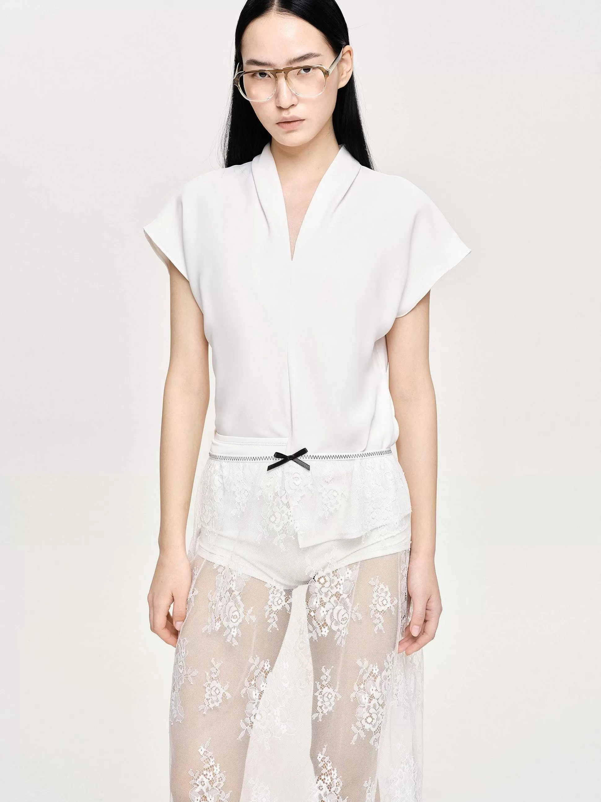 Women Source Unknown Tops-V-Neck Crepe Blouse, White